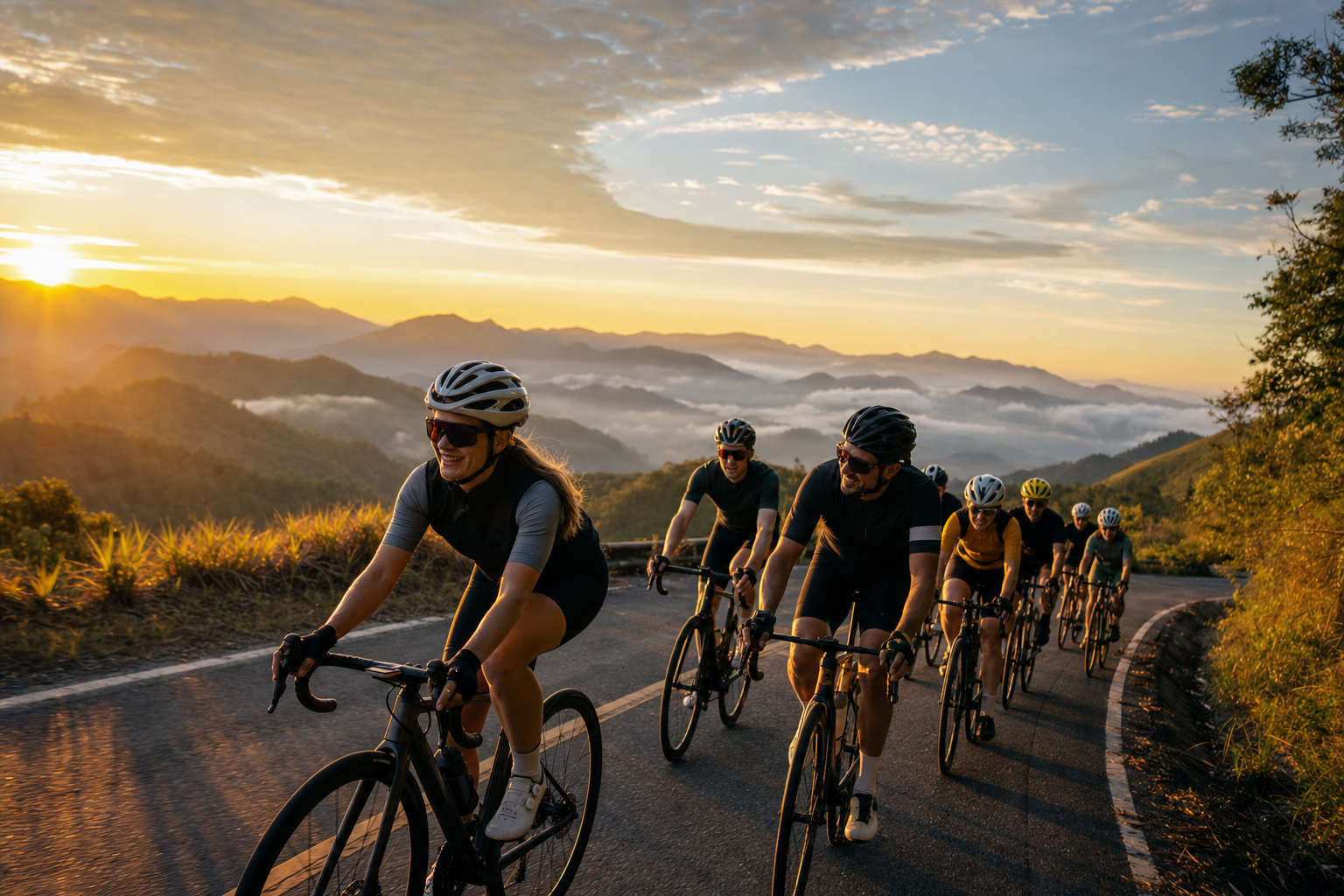 Gruppe Radfahrer auf einer Bergstraße bei Sonnenaufgang